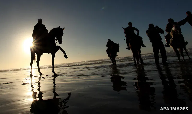 Palestinian men ride their horse as they enjoy the last sunset of 2016 at the beach of Gaza city, on the December 31, 2016. Photo by Ashraf Amra