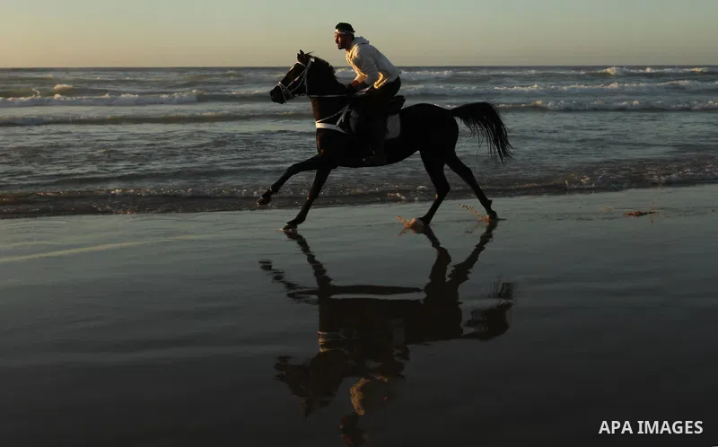 A Palestinian man rides his horse as he enjoy the last sunset of 2016 at the beach of Gaza city, on the December 31, 2016. Photo by Ashraf Amra