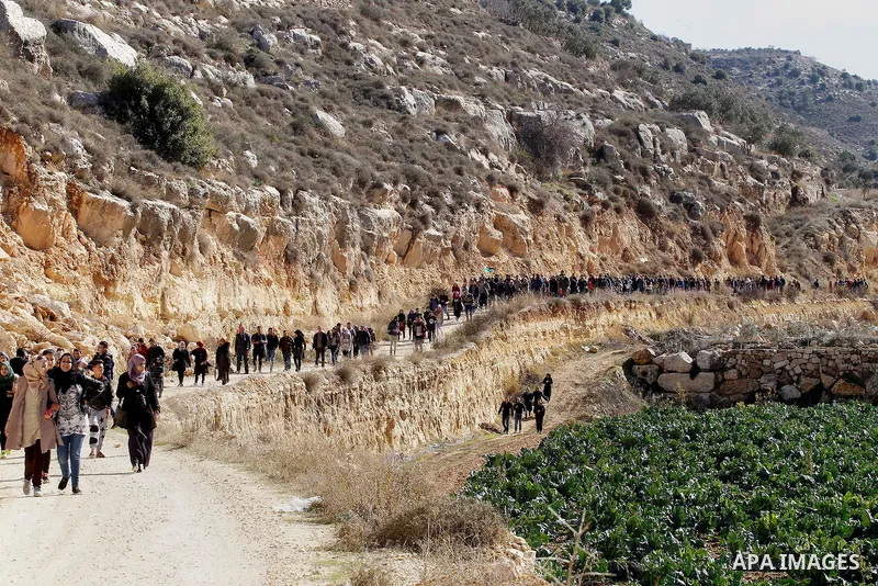Palestinians take part in the walking tour titled "eyes Tavouh" in the village of Tavouh in the northwest the West bank city of Hebron on the December 31, 2016. Photo by Wisam Hashlamoun