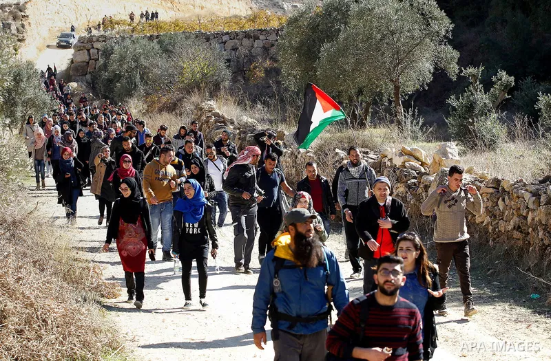 Palestinians take part in the walking tour titled "eyes Tavouh" in the village of Tavouh in the northwest the West bank city of Hebron on the December 31, 2016. Photo by Wisam Hashlamoun