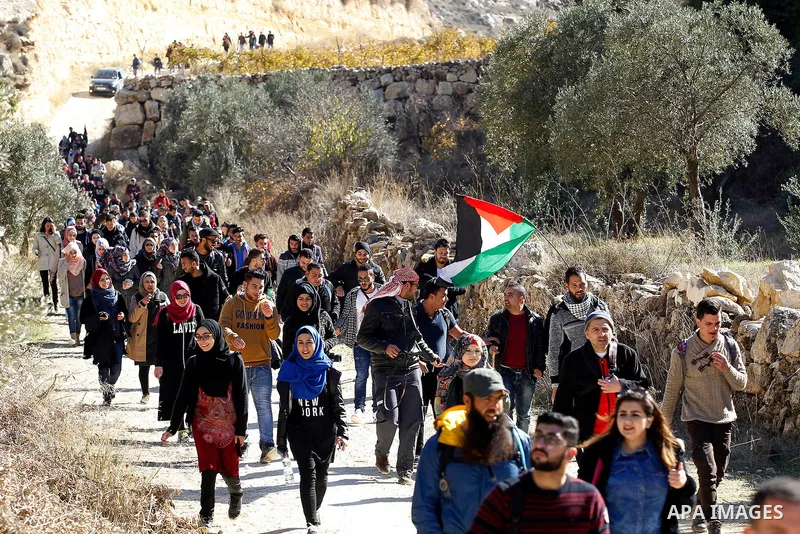 Palestinians take part in the walking tour titled "eyes Tavouh" in the village of Tavouh in the northwest the West bank city of Hebron on the December 31, 2016. Photo by Wisam Hashlamoun