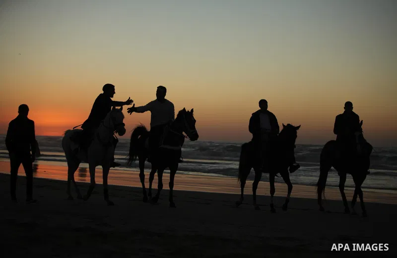 Palestinian men ride their horse as they enjoy the last sunset of 2016 at the beach of Gaza city, on the December 31, 2016. Photo by Ashraf Amra