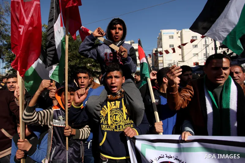 Palestinian supporters of the Democratic Front for the Liberation of Palestine (DFLP) take part in a protest against the ongoing electricity shortages in Gaza City on January 12, 2017. Power shortages in the Palestinian...