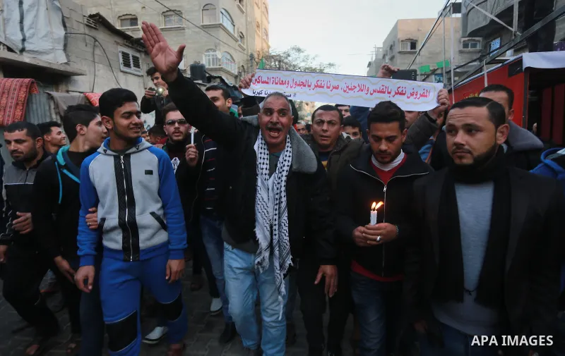 Palestinians take part in a demonstration against the ongoing electricity shortages , in Jabalia in the northern of Gaza Strip, on January 12, 2017. Power shortages in the Palestinian enclave have occurred repeatedly in...