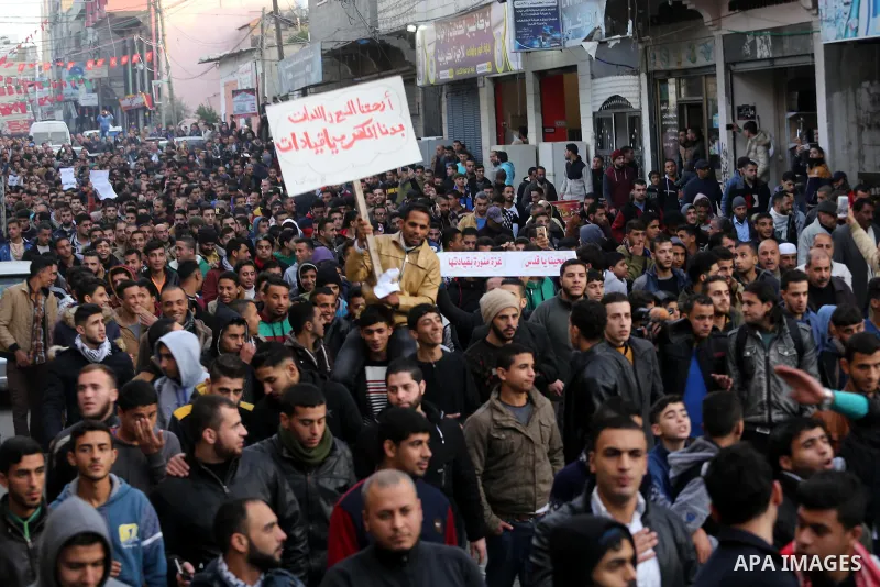 Palestinians take part in a demonstration against the ongoing electricity shortages , in Jabalia in the northern of Gaza Strip, on January 12, 2017. Power shortages in the Palestinian enclave have occurred repeatedly in...