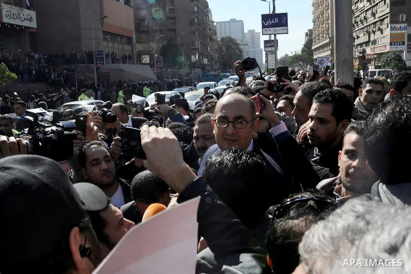 Egyptian lawyer and former presidential candidate Khaled Ali speaks to media after the Supreme Administrative Court upheld on January 16, 2017 a ruling voiding a government agreement to hand over two Red Sea islands Tira...