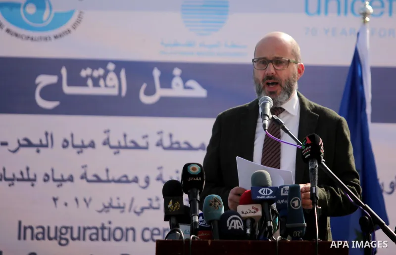 UN Humanitarian Coordinator, Robert Piper speaks during the inauguration ceremony of The First Phase of the Seawater Desalination Plant-Southern Gaza completed with generous support from the European union Implemented by...