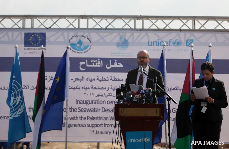UN Humanitarian Coordinator, Robert Piper speaks during the inauguration ceremony of The First Phase of the Seawater Desalination Plant-Southern Gaza completed with generous support from the European union Implemented by...