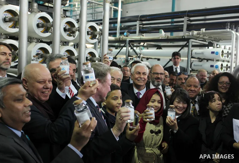 Palestinians attend the inauguration ceremony of the first Phase of the Seawater Desalination Plant-Southern Gaza completed with generous support from the European Union implemented by UNICEF in partnership with Palestin...