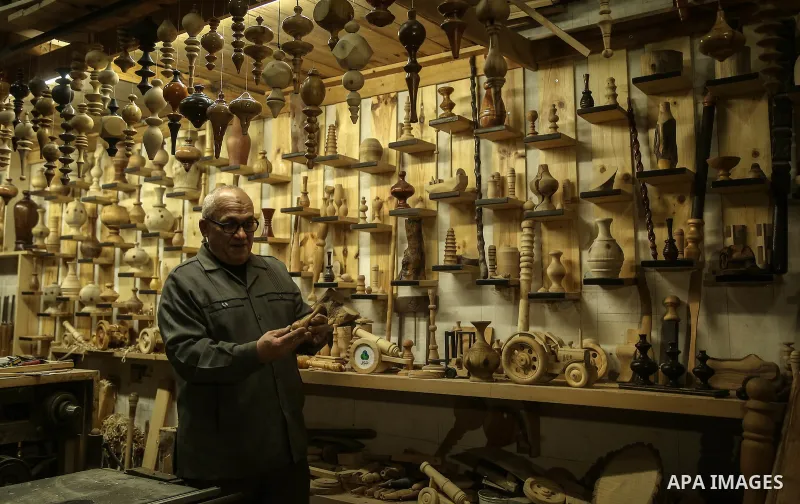 Palestinian man Hisham Kuhail arranges wooden decorative objects he carved for sale, at his workshop in Gaza City January 21, 2017. Photo by Mohammed Dahman