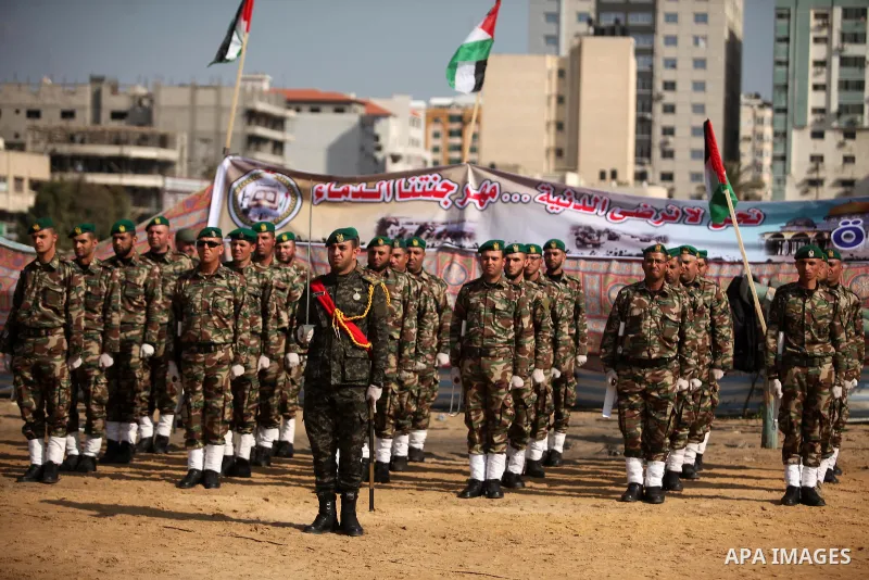 Members of Palestinian National Security Forces loyal to Hamas take part in a military graduation ceremony, in Gaza City January 22, 2017. Photo by Ashraf Amra