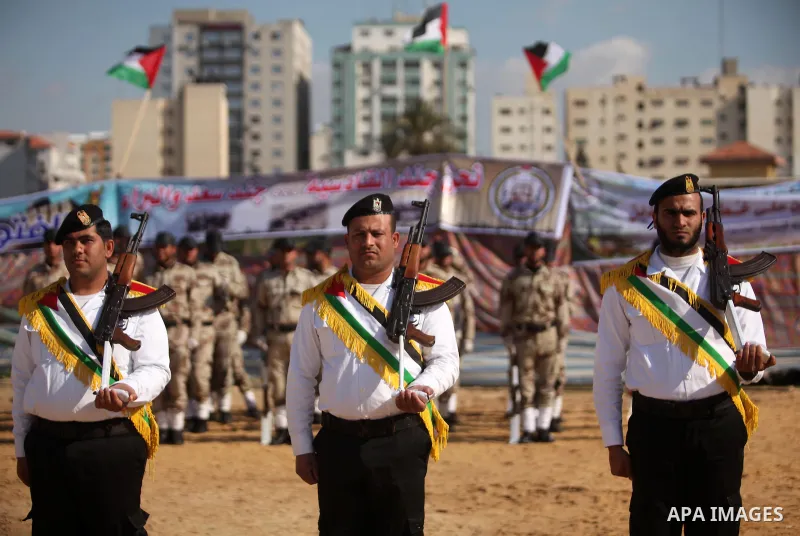 Members of Palestinian National Security Forces loyal to Hamas take part in a military graduation ceremony, in Gaza City January 22, 2017. Photo by Ashraf Amra