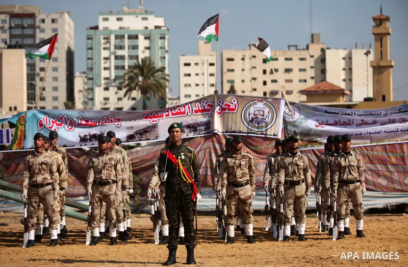 Members of Palestinian National Security Forces loyal to Hamas take part in a military graduation ceremony, in Gaza City January 22, 2017. Photo by Ashraf Amra