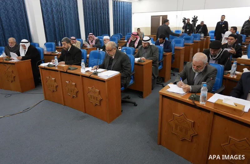 Members of the Palestinian legislative council from Hamas movement attend a meeting at the legislative council in Gaza city on January 25, 2017. Photo by Mohammed Asad