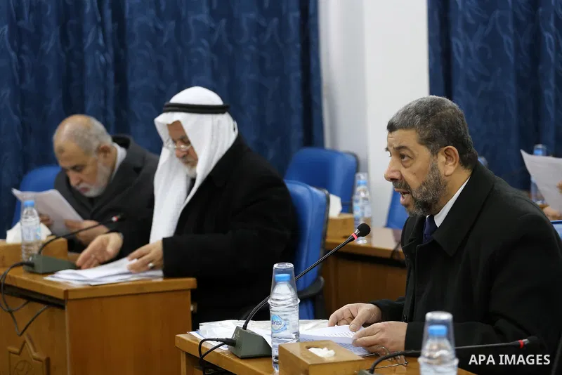 Members of the Palestinian legislative council from Hamas movement attend a meeting at the legislative council in Gaza city on January 25, 2017. Photo by Mohammed Asad