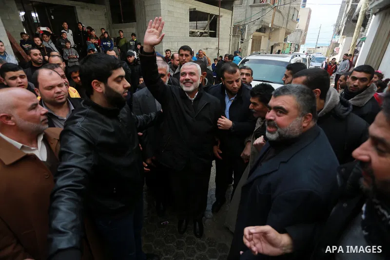 Hamas leader Ismail Haniya is greeted by supporters upon his return to Gaza City after performing the Hajj pilgrimage, at al-Shati refugee camp in Gaza City on January 27, 2017. Photo by Mohammed Asad