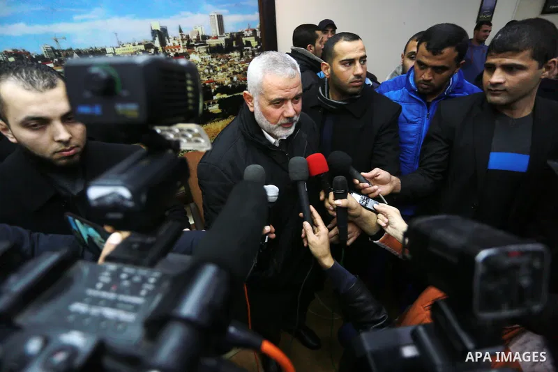 Hamas leader Ismail Haniya speaks to media upon his return to Gaza City after performing the Hajj pilgrimage, at al-Shati refugee camp in Gaza City on January 27, 2017. Photo by Mohammed Asad
