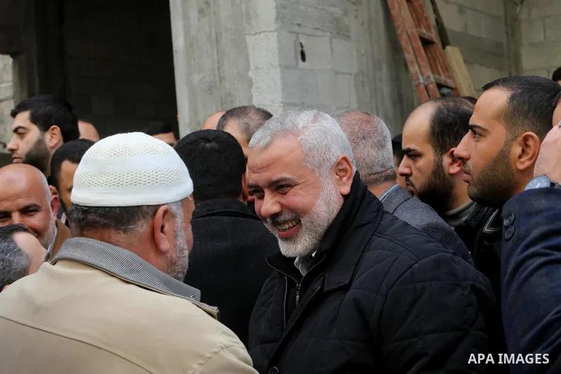 Hamas leader Ismail Haniya is greeted by supporters upon his return to Gaza City after performing the Hajj pilgrimage, at al-Shati refugee camp in Gaza City on January 27, 2017. Photo by Mohammed Asad