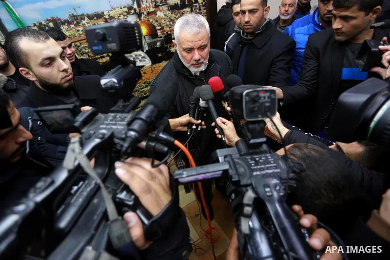 Hamas leader Ismail Haniya speaks to media upon his return to Gaza City after performing the Hajj pilgrimage, at al-Shati refugee camp in Gaza City on January 27, 2017. Photo by Mohammed Asad