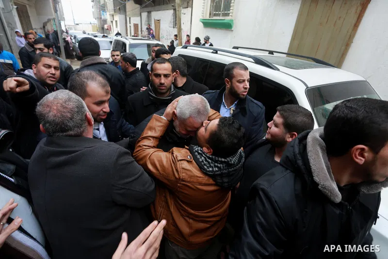 Hamas leader Ismail Haniya is greeted by supporters upon his return to Gaza City after performing the Hajj pilgrimage, at al-Shati refugee camp in Gaza City on January 27, 2017. Photo by Mohammed Asad