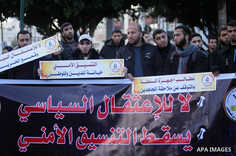 Palestinian supporters of the Islamic Jihad Movement hold placards during a protest against the security coordination and the political arrests in the West Bank, in Gaza city on January 31, 2017. Photo by Ashraf Amra