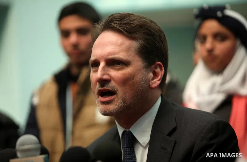 Commissioner-General of the UN Relief and Works Agency (UNRWA) Pierre Krahenbuhl speaks during a joint press conference with Japanese Ambassador to Palestine, Takeshi Okubo, at the headquarters United Nations Relief and...