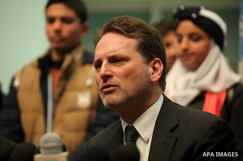 Commissioner-General of the UN Relief and Works Agency (UNRWA) Pierre Krahenbuhl speaks during a joint press conference with Japanese Ambassador to Palestine, Takeshi Okubo, at the headquarters United Nations Relief and...