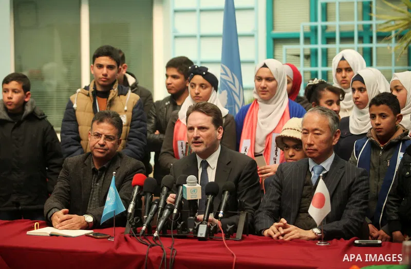 Japanese Ambassador to Palestine, Takeshi Okubo, and Commissioner-General of the UN Relief and Works Agency (UNRWA) Pierre Krahenbuhl, attend a joint press conference at the headquarters United Nations Relief and Works A...