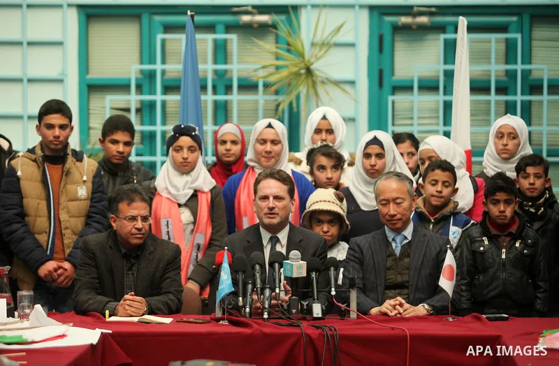 Japanese Ambassador to Palestine, Takeshi Okubo, and Commissioner-General of the UN Relief and Works Agency (UNRWA) Pierre Krahenbuhl, attend a joint press conference at the headquarters United Nations Relief and Works A...