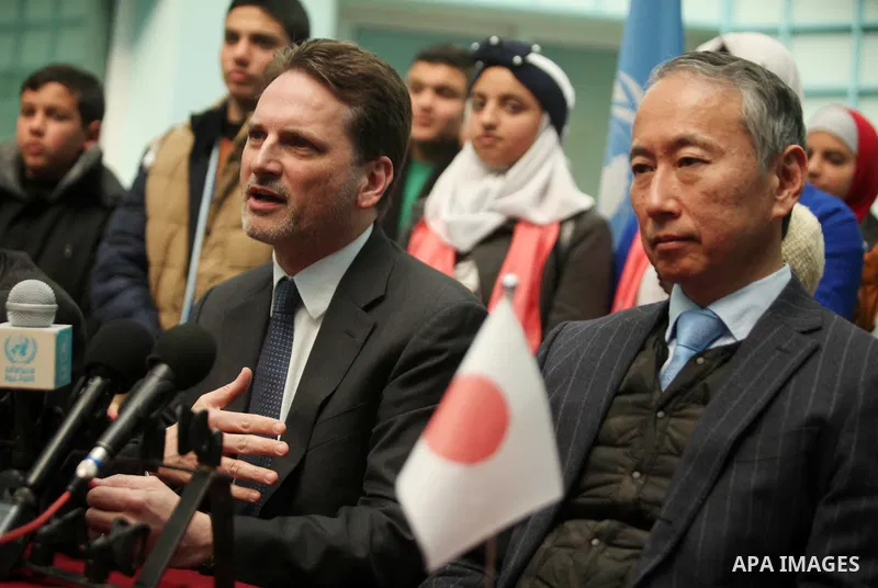 Commissioner-General of the UN Relief and Works Agency (UNRWA) Pierre Krahenbuhl speaks during a joint press conference with Japanese Ambassador to Palestine, Takeshi Okubo, at the headquarters United Nations Relief and...