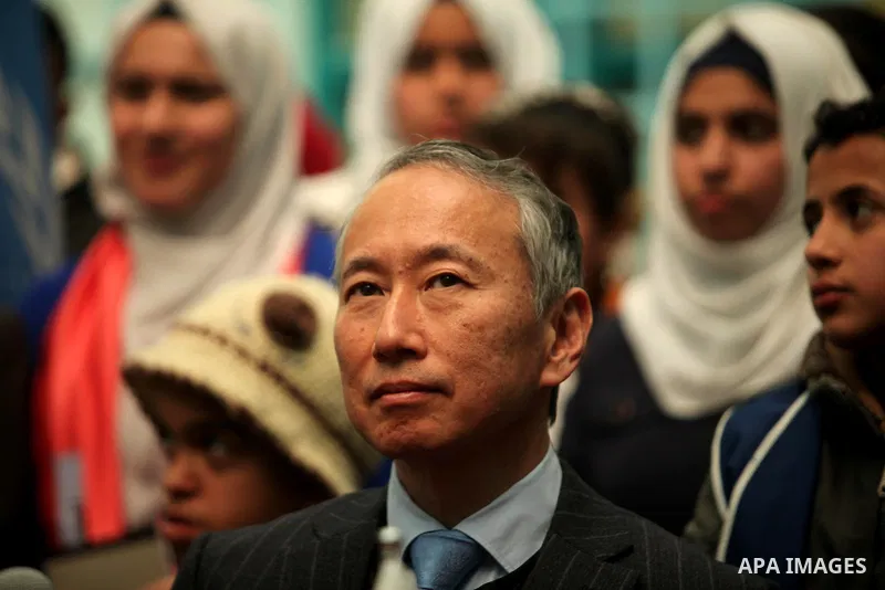 Japanese Ambassador to Palestine, Takeshi Okubo attends a joint press conference with Commissioner-General of the UN Relief and Works Agency (UNRWA) Pierre Krahenbuhl, at the headquarters United Nations Relief and Works...