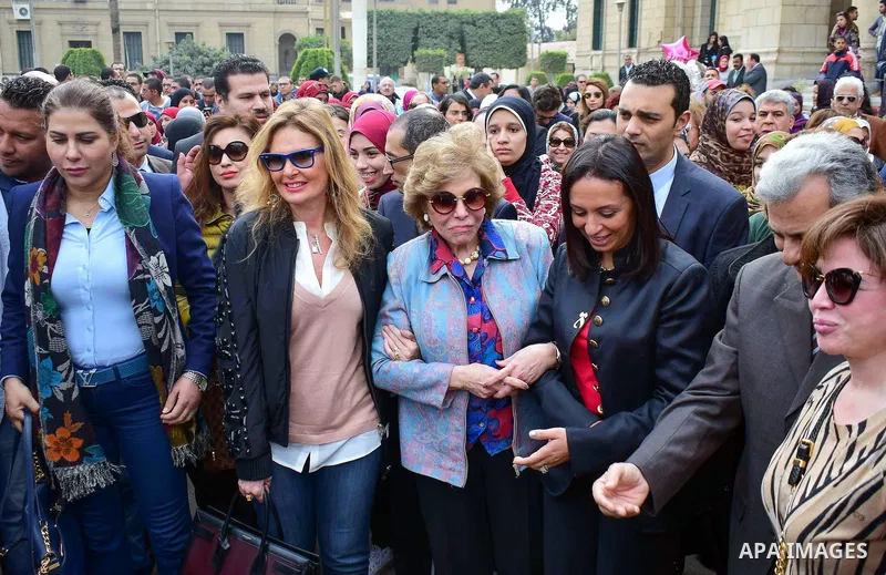 Egyptian women take part during a protest to show solidarity with displaced women in Arab countries, at Cairo University, marking the Arab women's day in the Egyptian capital Cairo on Feb. 01, 2017. Photo by Amr Sayed