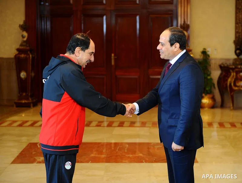 Egyptian President Abdel Fattah al-Sisi meets with Egyptian national football team upon their arrival at Cairo international airport after their participation in Africa Cup of Nations (CAN) which held in Gabon, in Cairo,...