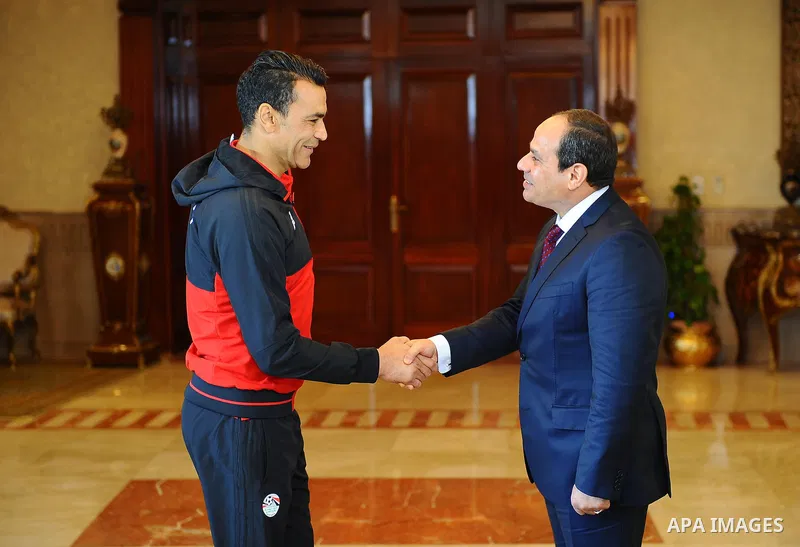 Egyptian President Abdel Fattah al-Sisi meets with Egyptian national football team upon their arrival at Cairo international airport after their participation in Africa Cup of Nations (CAN) which held in Gabon, in Cairo,...