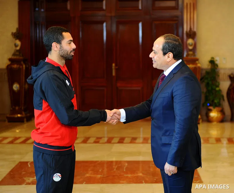 Egyptian President Abdel Fattah al-Sisi meets with Egyptian national football team upon their arrival at Cairo international airport after their participation in Africa Cup of Nations (CAN) which held in Gabon, in Cairo,...