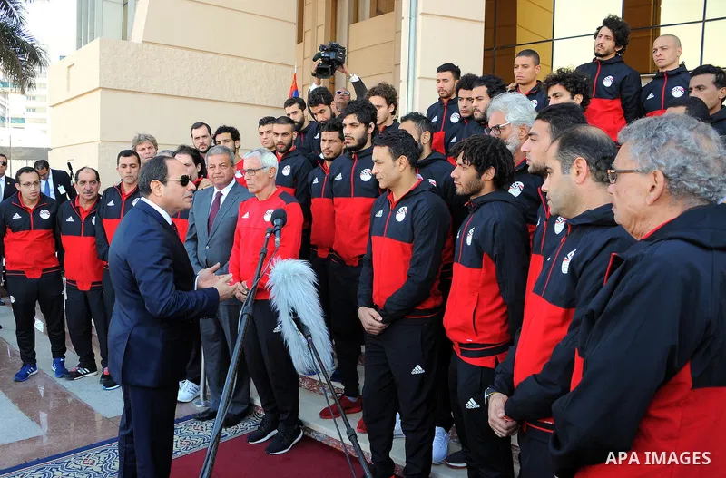 Egyptian President Abdel Fattah al-Sisi meets with Egyptian national football team upon their arrival at Cairo international airport after their participation in Africa Cup of Nations (CAN) which held in Gabon, in Cairo,...