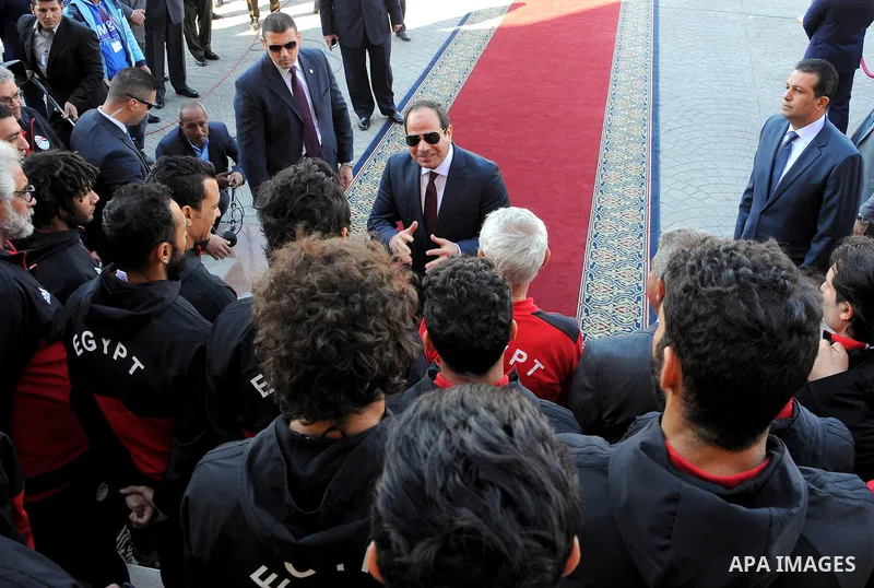 Egyptian President Abdel Fattah al-Sisi meets with Egyptian national football team upon their arrival at Cairo international airport after their participation in Africa Cup of Nations (CAN) which held in Gabon, in Cairo,...