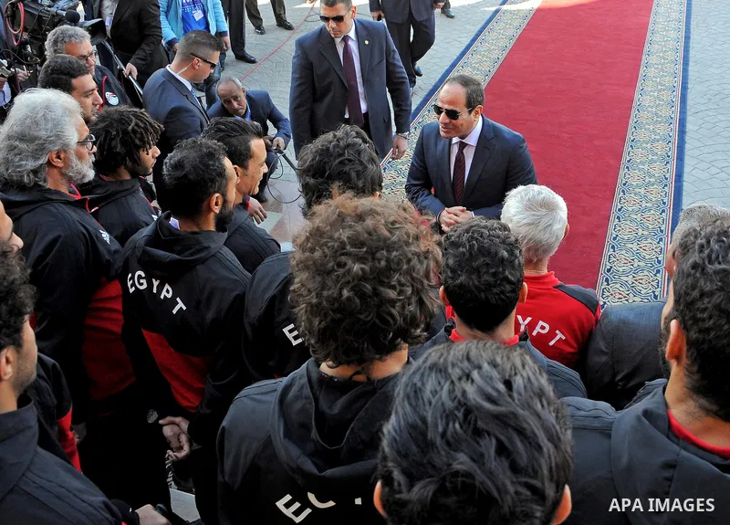 Egyptian President Abdel Fattah al-Sisi meets with Egyptian national football team upon their arrival at Cairo international airport after their participation in Africa Cup of Nations (CAN) which held in Gabon, in Cairo,...