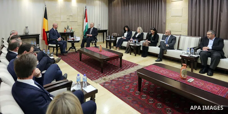 Palestinian Prime Minister Rami Hamdallah meets with Belgian Prime Minister Charles Michel in the West Bank city of Ramallah February 7, 2017. Photo by Prime Minister Office