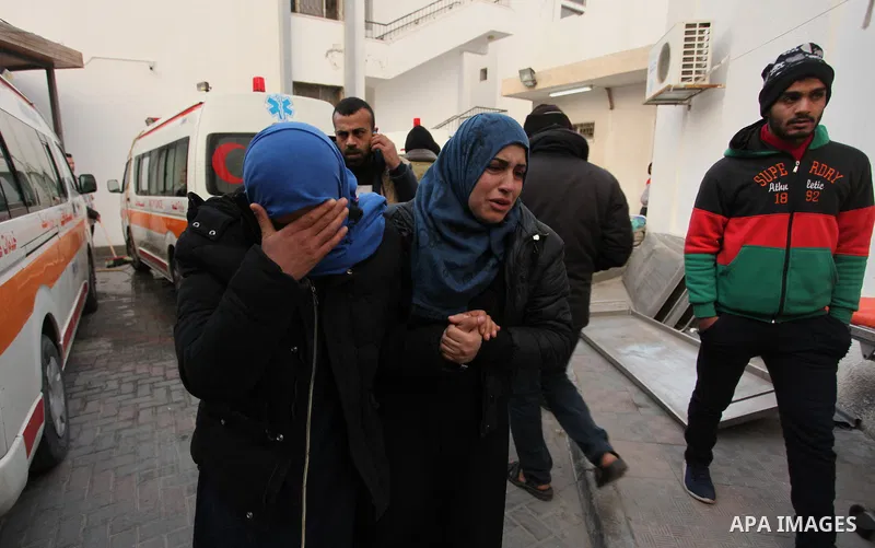 Relative of one of the two Palestinians, who were killed in a bombing of a tunnel near the Egyptian border, react at a hospital in Rafah in the southern Gaza Strip February 9, 2017. Photo by Ashraf Amra