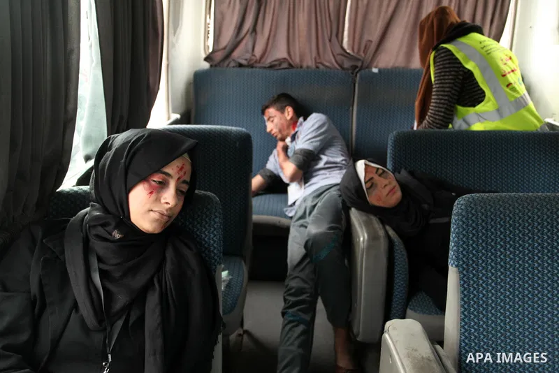 Palestinians take part in an emergency simulation exercise, organized by the Palestinian Ministry of Health and Médecins du Monde France (Doctors of the World), in Rafah in the southern of Gaza Strip, on February 9, 2017...