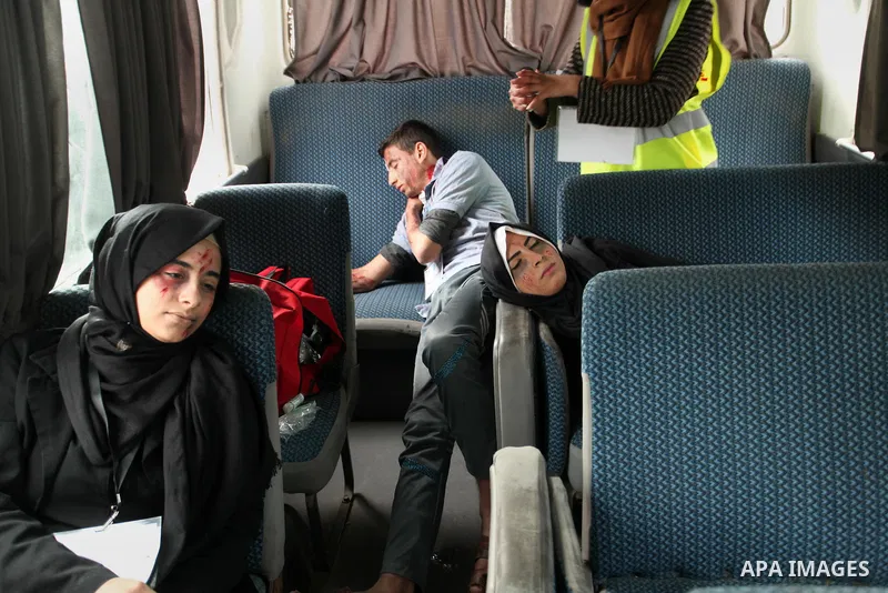 Palestinians take part in an emergency simulation exercise, organized by the Palestinian Ministry of Health and Médecins du Monde France (Doctors of the World), in Rafah in the southern of Gaza Strip, on February 9, 2017...