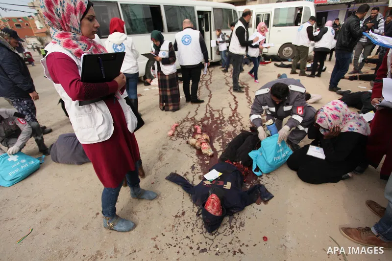 Palestinian rescue workers take part in an emergency simulation exercise, organized by the Palestinian Ministry of Health and Médecins du Monde France (Doctors of the World), in Rafah in the southern of Gaza Strip, on Fe...