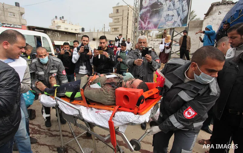 Palestinian rescue workers take part in an emergency simulation exercise, organized by the Palestinian Ministry of Health and Médecins du Monde France (Doctors of the World), in Rafah in the southern of Gaza Strip, on Fe...