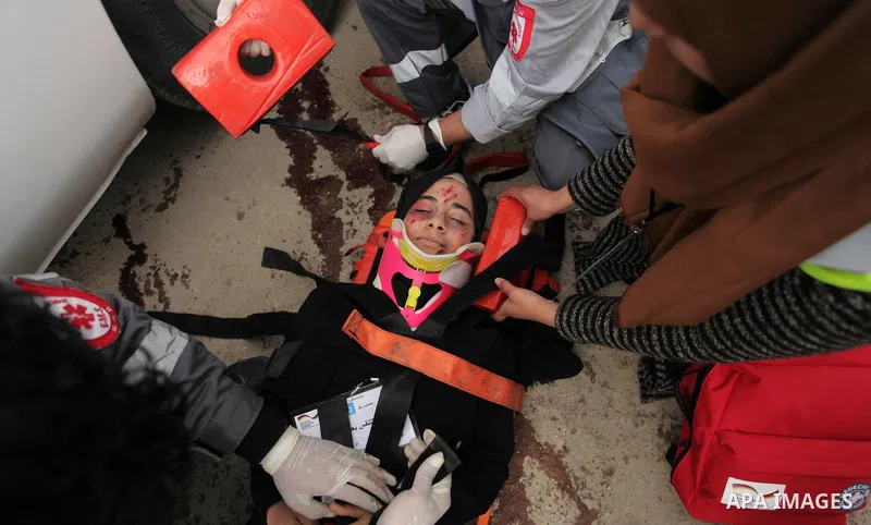 Palestinian rescue workers take part in an emergency simulation exercise, organized by the Palestinian Ministry of Health and Médecins du Monde France (Doctors of the World), in Rafah in the southern of Gaza Strip, on Fe...