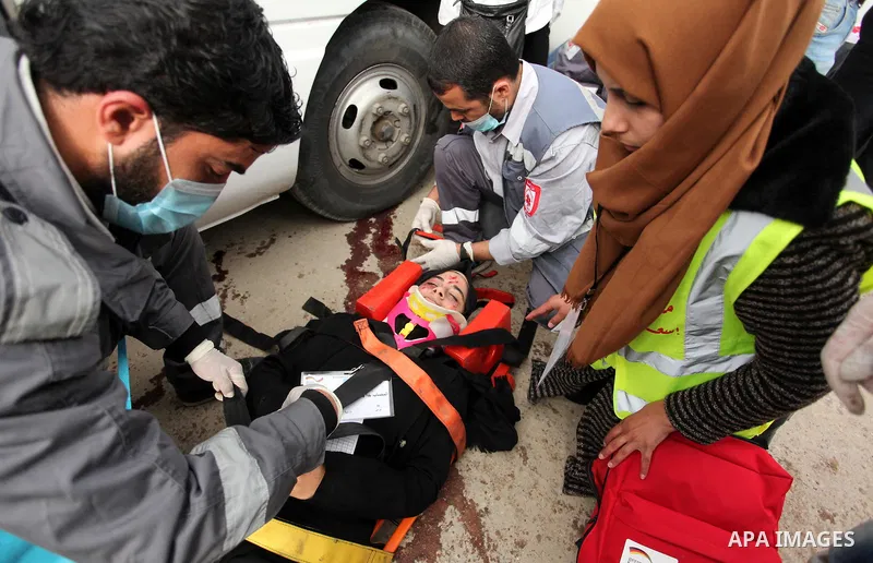 Palestinian rescue workers take part in an emergency simulation exercise, organized by the Palestinian Ministry of Health and Médecins du Monde France (Doctors of the World), in Rafah in the southern of Gaza Strip, on Fe...