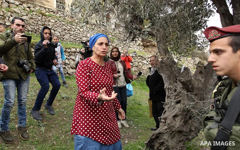 Israeli settlers react during a protest by Palestinians calling for reopening of a closed street, in the West Bank city of Hebron February 9, 2017. Photo by Wisam Hashlamoun