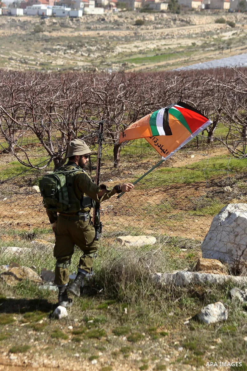 An Israeli border policeman removes the Palestine flag during a demonstration against the construction of Jewish settlements in the occupied West Bank city of Hebron, on February 10, 2017. Photo by Wisam Hashlamoun