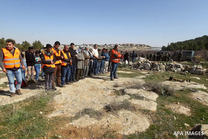 Palestinians pray during a demonstration against the construction of Jewish settlements in the occupied West Bank city of Hebron, on February 10, 2017. Photo by Wisam Hashlamoun