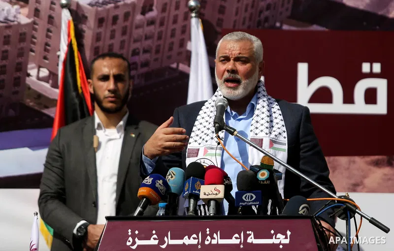 Hamas leader Ismail Haniyeh speaks during the ceremony of the second phase of the Sheikh Hamad Town, in Khan Younis in the southern Gaza strip, on February 11, 2017. Photo by Ashraf Amra